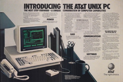 An print ad for AT&amp;T Unix PC showing the computer and listing features