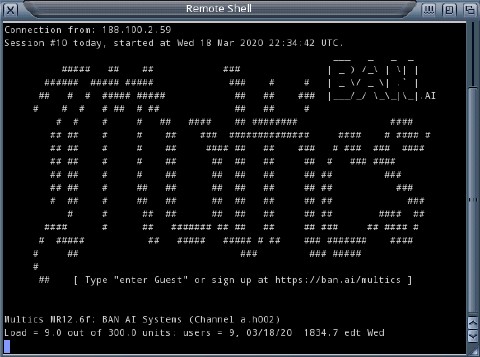 Screenshot of SSH connection with big Multics written in ASCII