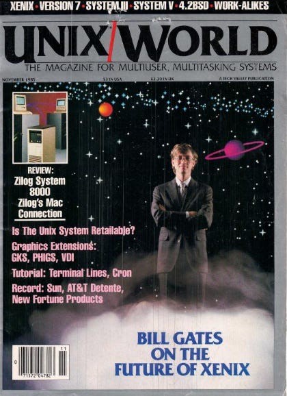 Cover of Unix World from 1985 showing Bill Gates with &quot;Bill Gates on the future of Xenix&quot; feature